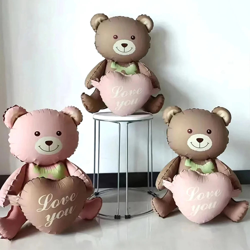 3D Matte Standing Bear Foil Balloons Bear Hold Heart Wedding Birthday