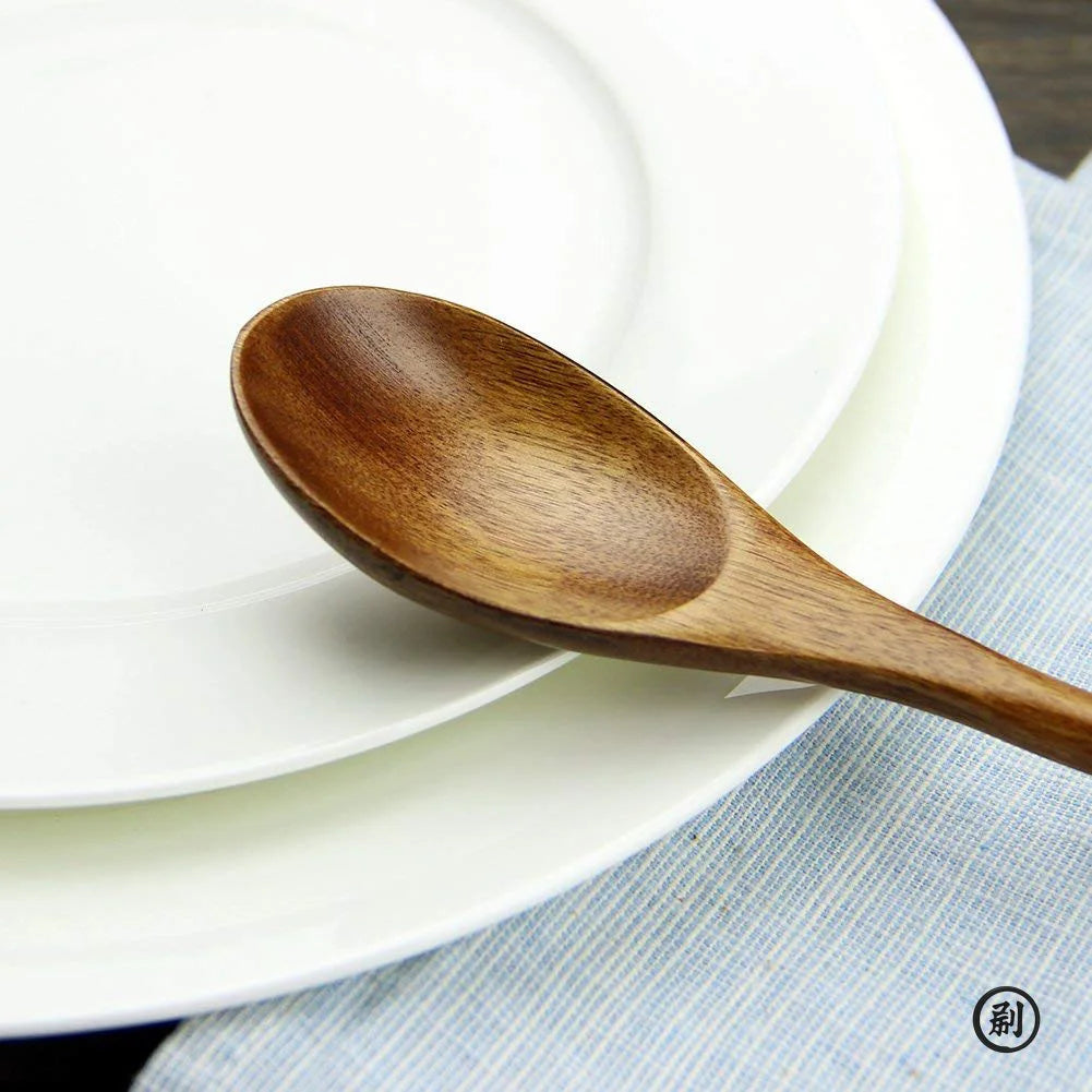 5 Pieces Wooden Spoon Soup Spoon and Fork Tableware Natural Ellipse