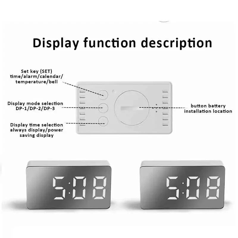 1Pc White LED Mirror Table Clock Snooze Display Time Night Light