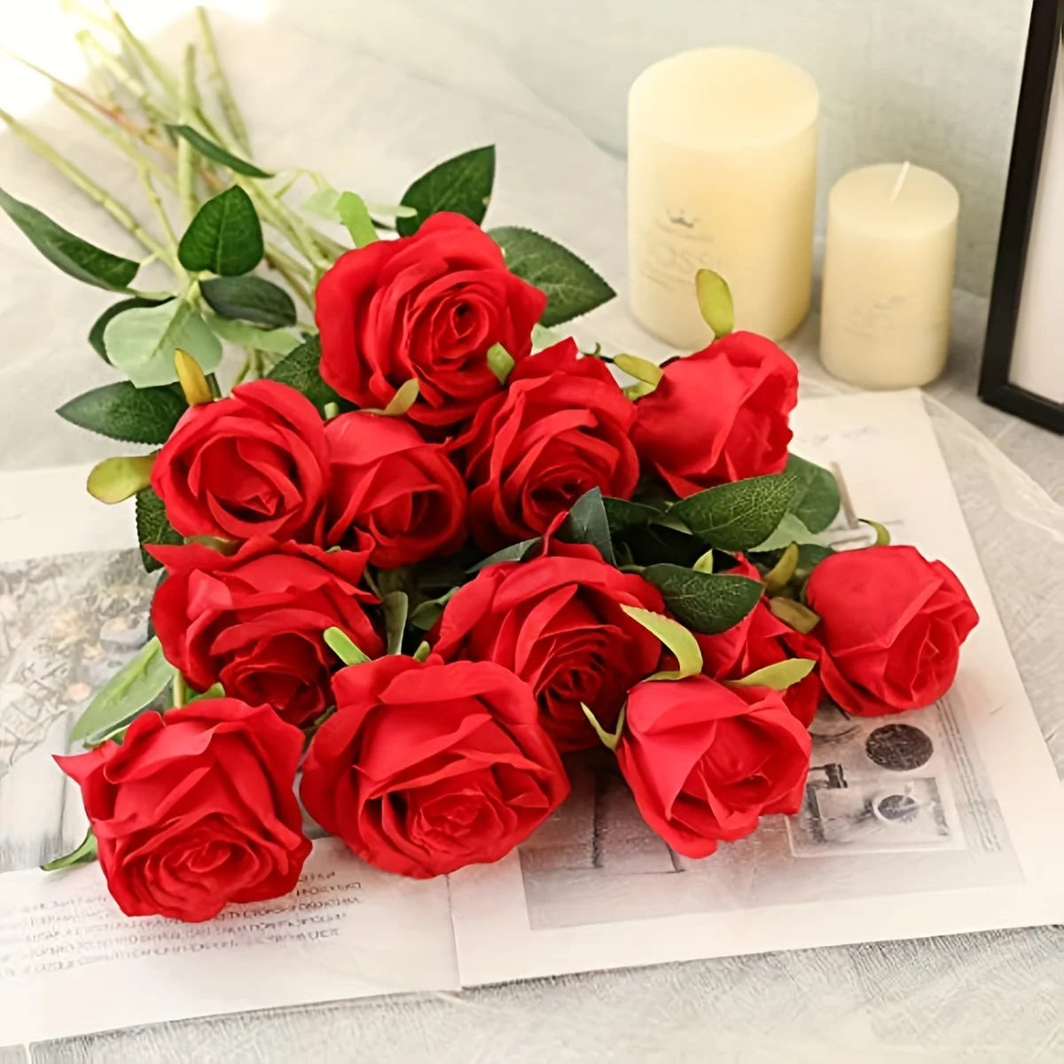 12pcs Realistic Artificial Rose Bouquet for Weddings, Birthdays, and