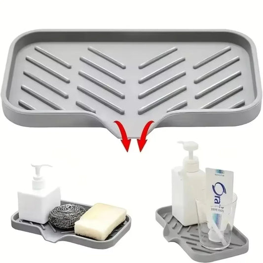 Sink Silicone Tray with Drain Soap Sponge Storage Holder Countertop