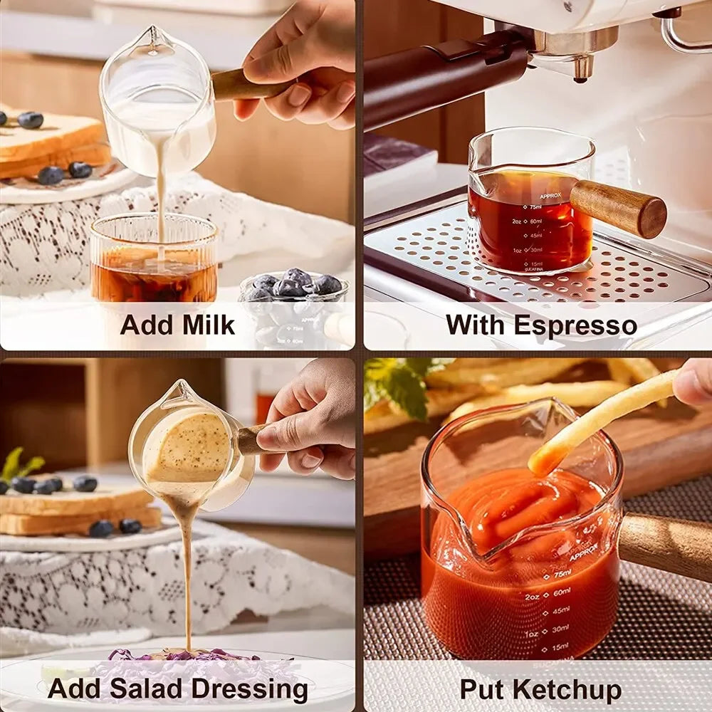 1pc Glass Measuring Cup Wood Handle Glass Espresso Measuring Cup