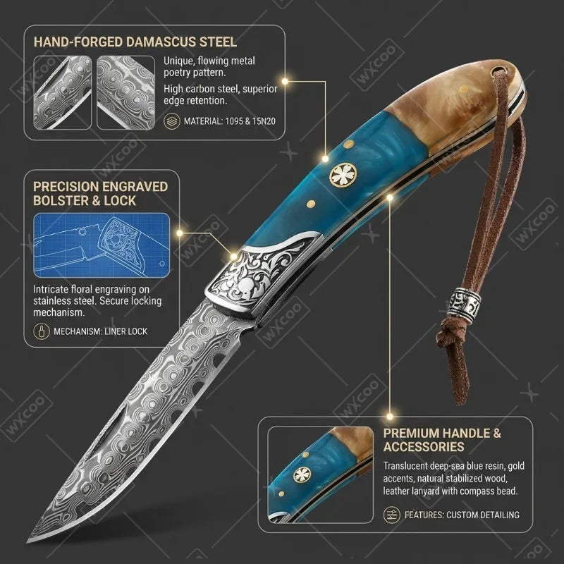 WXCOO Damascus Boning Knife Folding Fruit Cutting Knife Chef's Knife