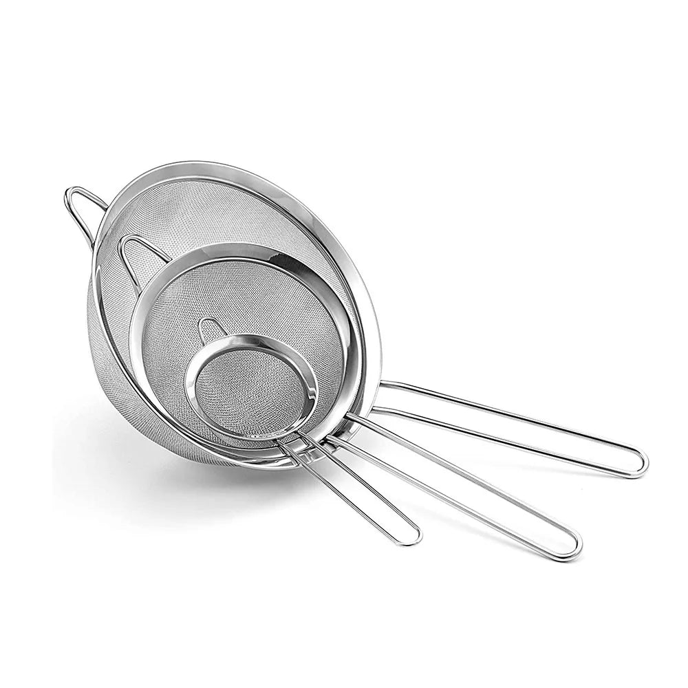 3pcs Fine Mesh Strainers Set Stainless Steel Multipurpose Flour Sieve