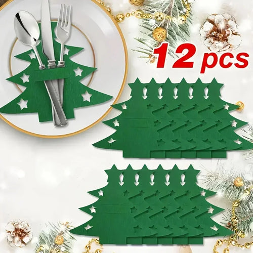 12Pcs Christmas Tree Shaped Felt Cutlery Mats With Stars Decor Durable