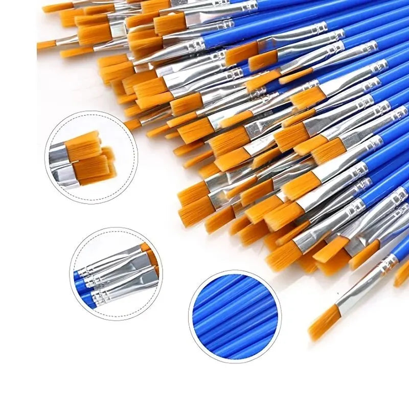 50Pcs Painting Brushes Set Art Round Flat Hair Nylon Hair Paint Brush