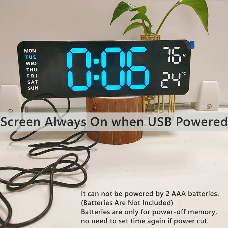 9 Inch Large Digital Wall Clock USB Powered TEMP Humidity Week Auto