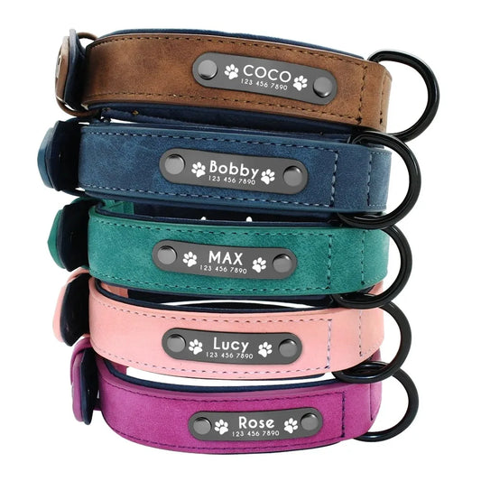 Personalized Name ID Tags Dog Collars Custom Text name Leather Dog