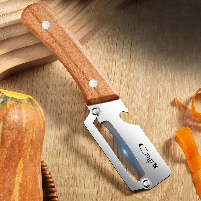 Stainless steel peeler with wooden handle for peeling and slicing