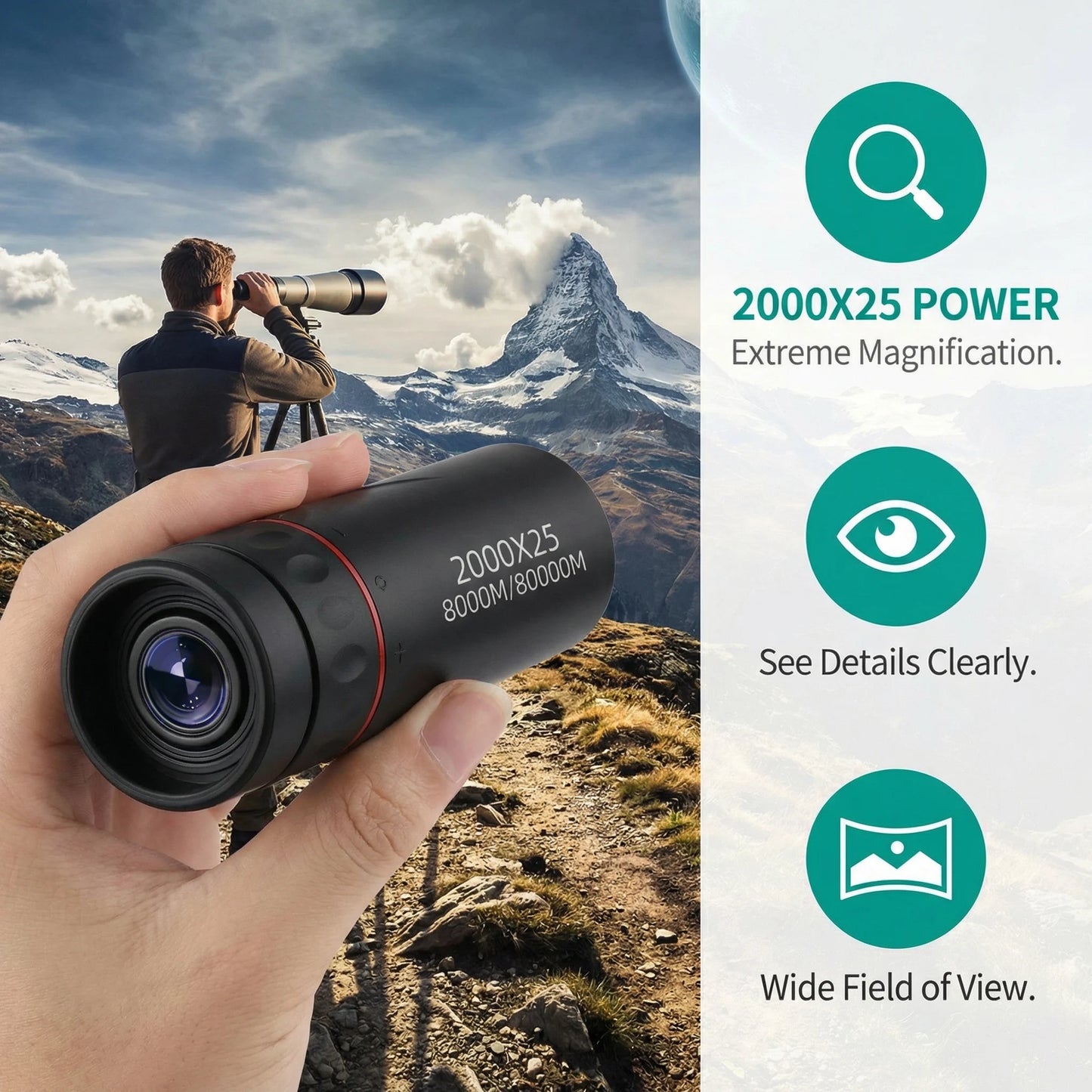 2000x25 HD Monocular Telescope: Mini Portable, for Outdoor Camping,