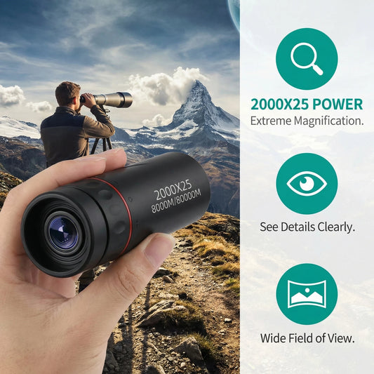 2000x25 HD Monocular Telescope: Mini Portable, for Outdoor Camping,