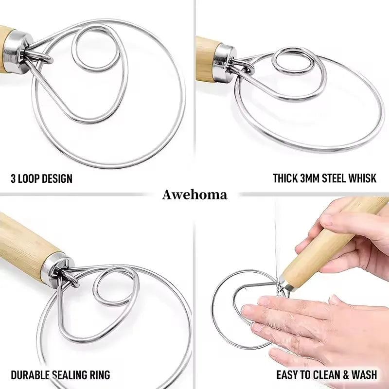 Large Hand Danish Dough Whisk Bread Mixer Stainless Steel Cake Pastry