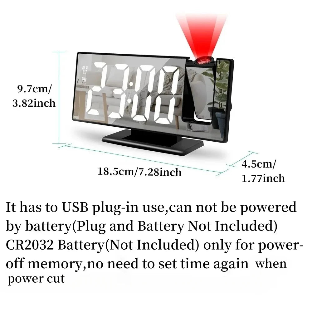 180° Arm Projection Alarm Clock Time Temperature USB Plug-in Digital