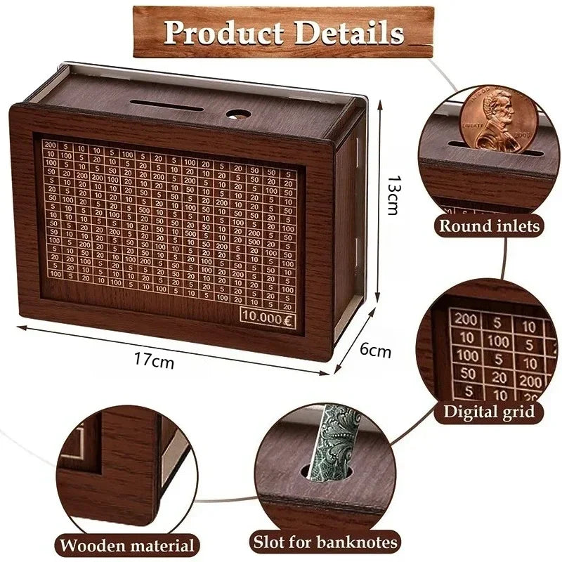 1000/3000/5000/10000 Euro Money Box Wooden Piggy Bank Reusable Money