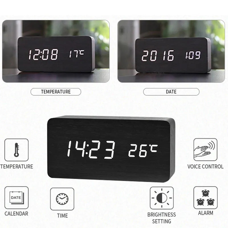 Wooden Digital Alarm Clock, LED Alarm Clock with Temperature Desk