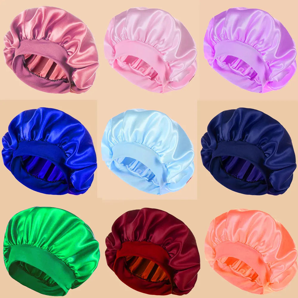 1pc Women's Solid Color Satin Wide-Brimmed Shower Cap, Suitable For