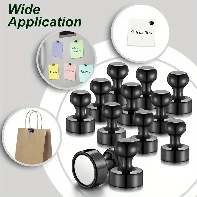 Black Neodymium Magnetic Push Pins - Strong Refrigerator & Whiteboard