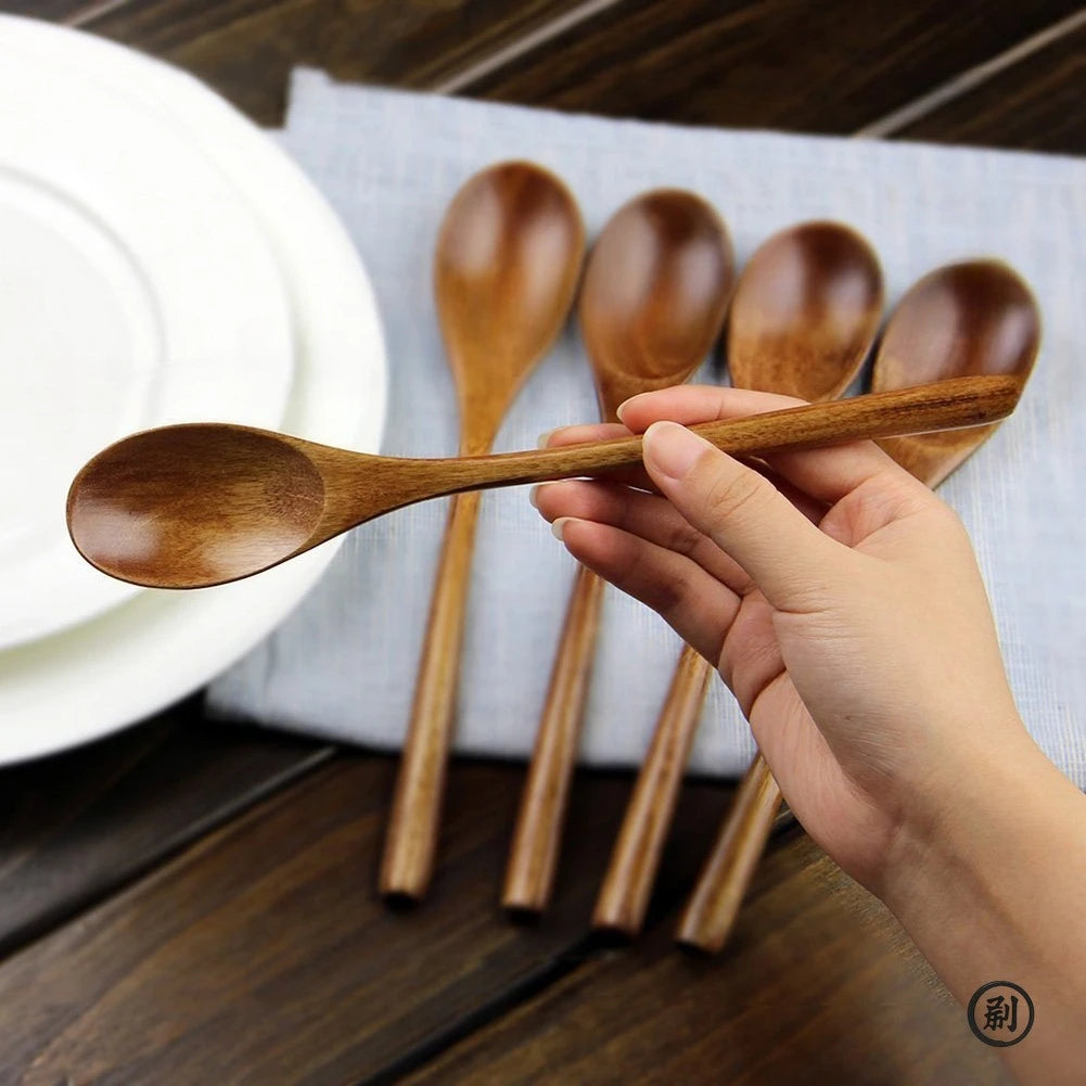 5 Pieces Wooden Spoon Soup Spoon and Fork Tableware Natural Ellipse