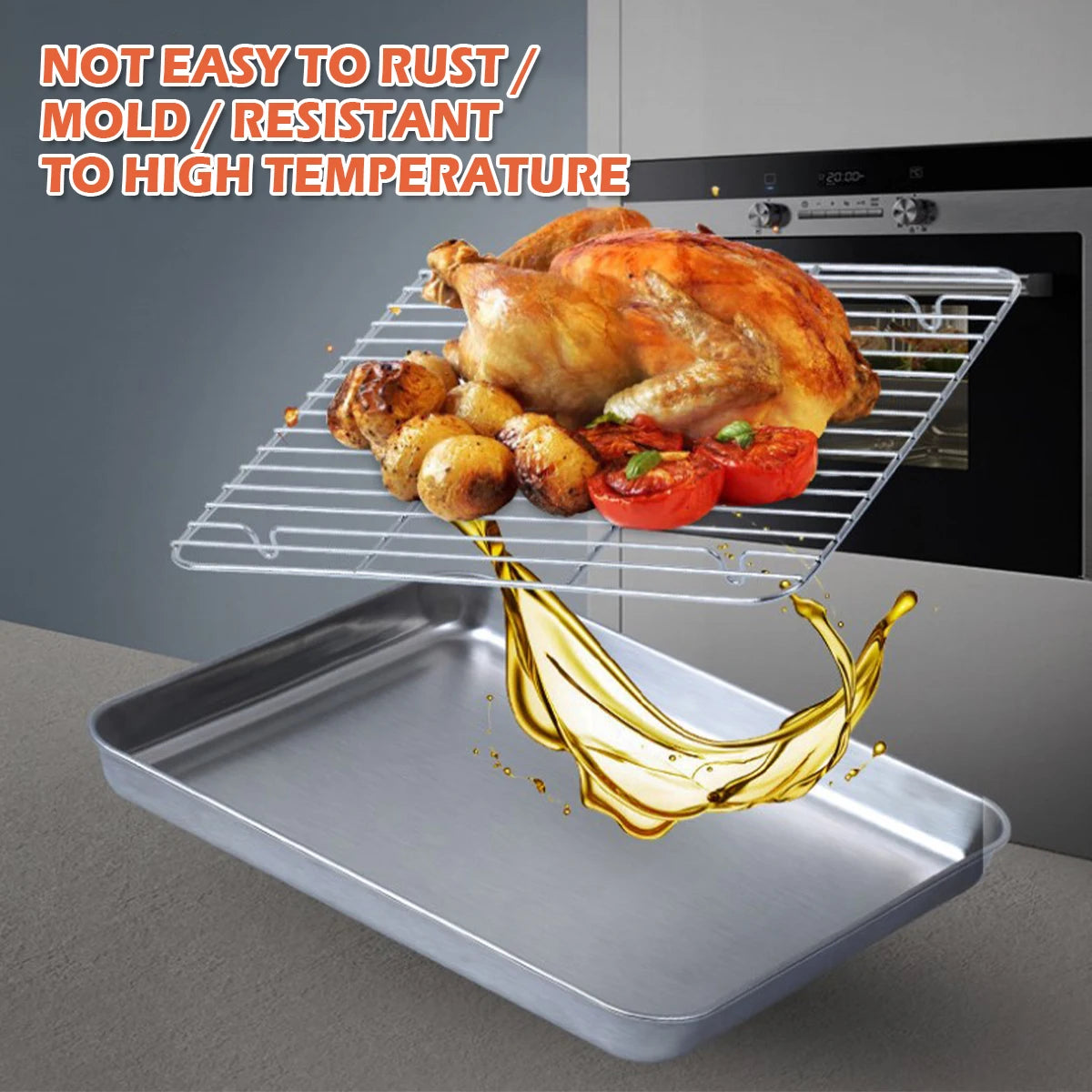 Stainless Steel Baking Pan Tray With Wire Rack Cake Baking BBQ Pan