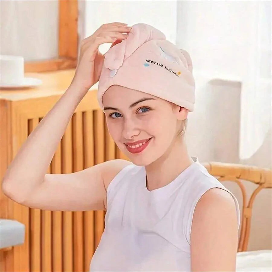 1Pc Embroidery Style Hair Drying Cap, Coral Fleece Thickened Hair