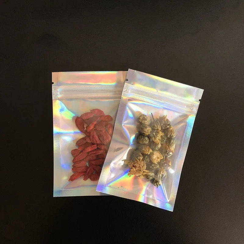 100pcs Holographic Resealable Mylar Bags Ziplock Candy Suger Tee