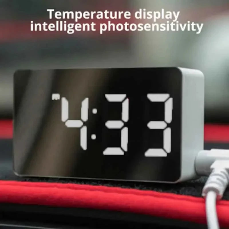 1Pc White LED Mirror Table Clock Snooze Display Time Night Light