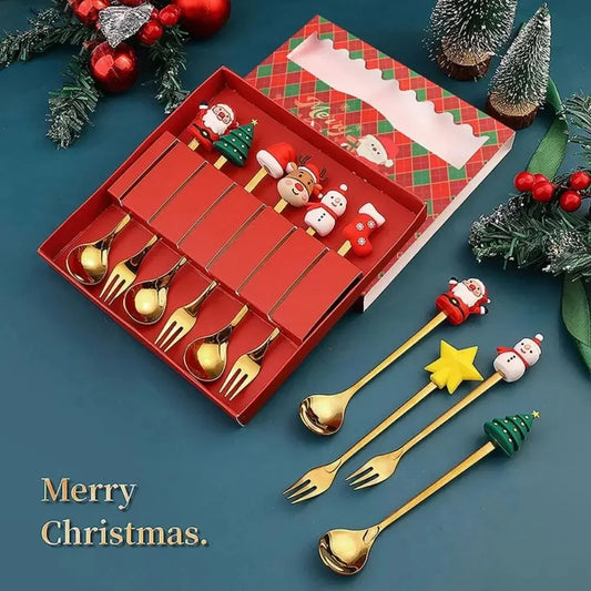 (2/4/6pc) Christmas Spoon and Fork Set Stainless Steel Creative