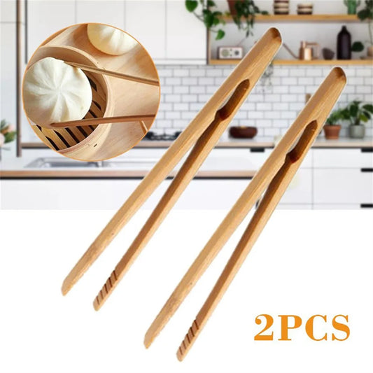 2Pcs 18cm Bamboo Wood Wooden Food Toast Salad Tongs Toaster Bacon