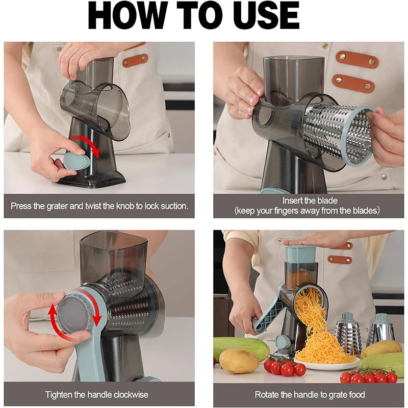 LMETJMA 3 in 1 Rotary Cheese Grater Versatile Manual Vegetable Slicer