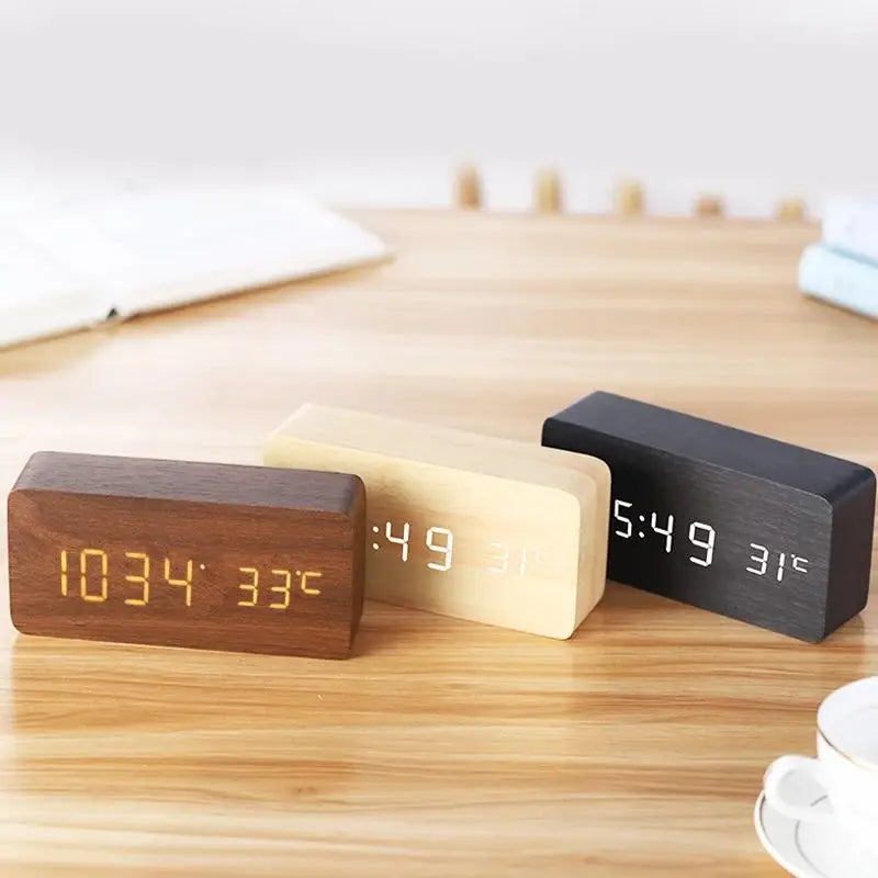Wooden Digital Alarm Clock, LED Alarm Clock with Temperature Desk