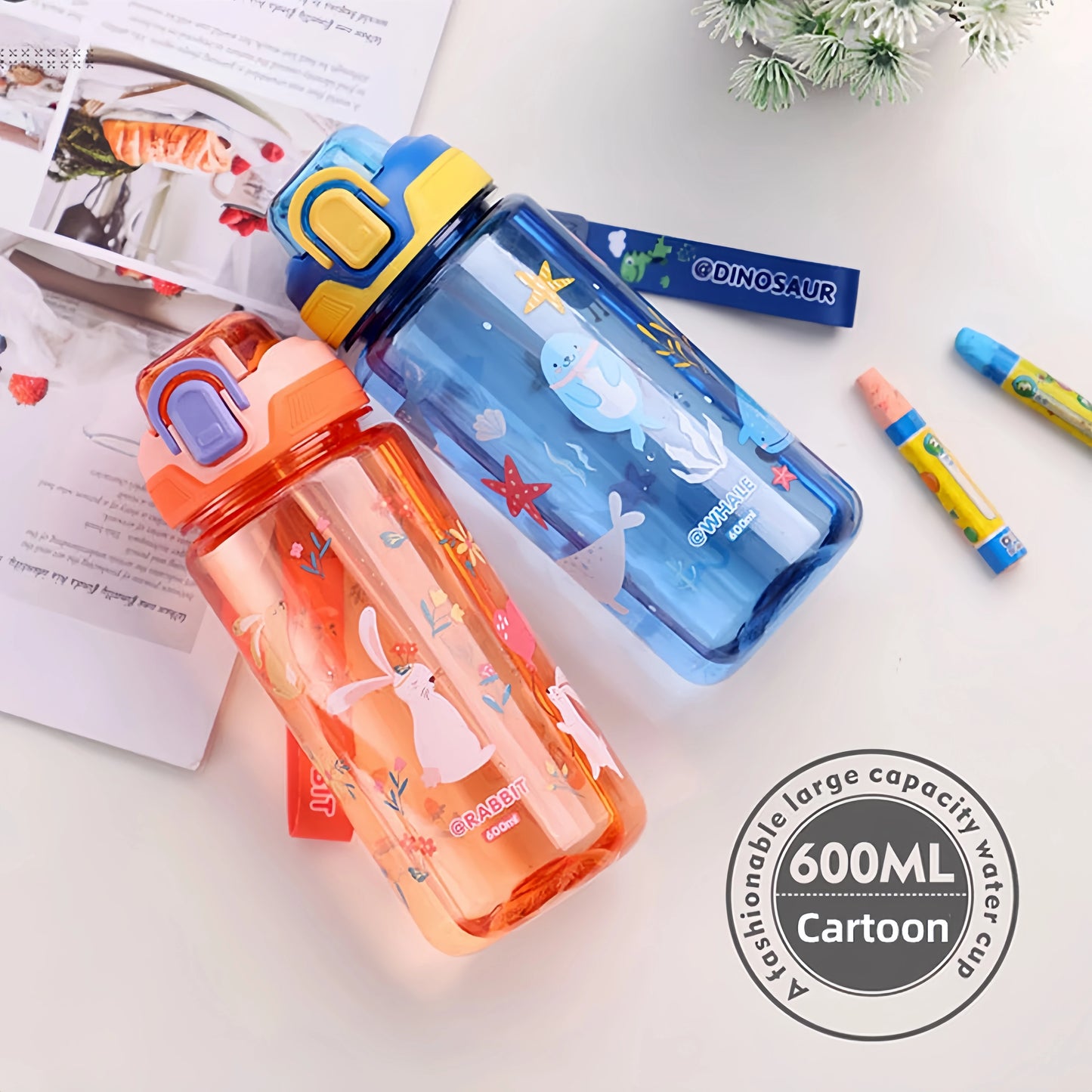 600ml Dinosaur Water Bottle For Kids Water Sippy Cup With Silicone
