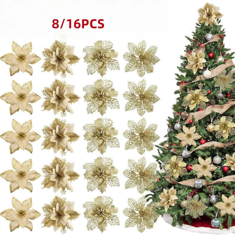 8/16Pcs Glitter Artificial Christmas Flowers Christmas Tree