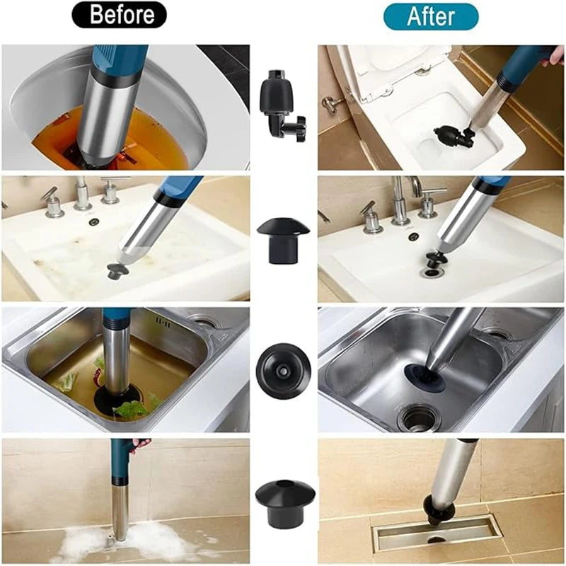 Pneumatic High-pressure Drain Blaster Tool Set, Stainless Steel Toilet