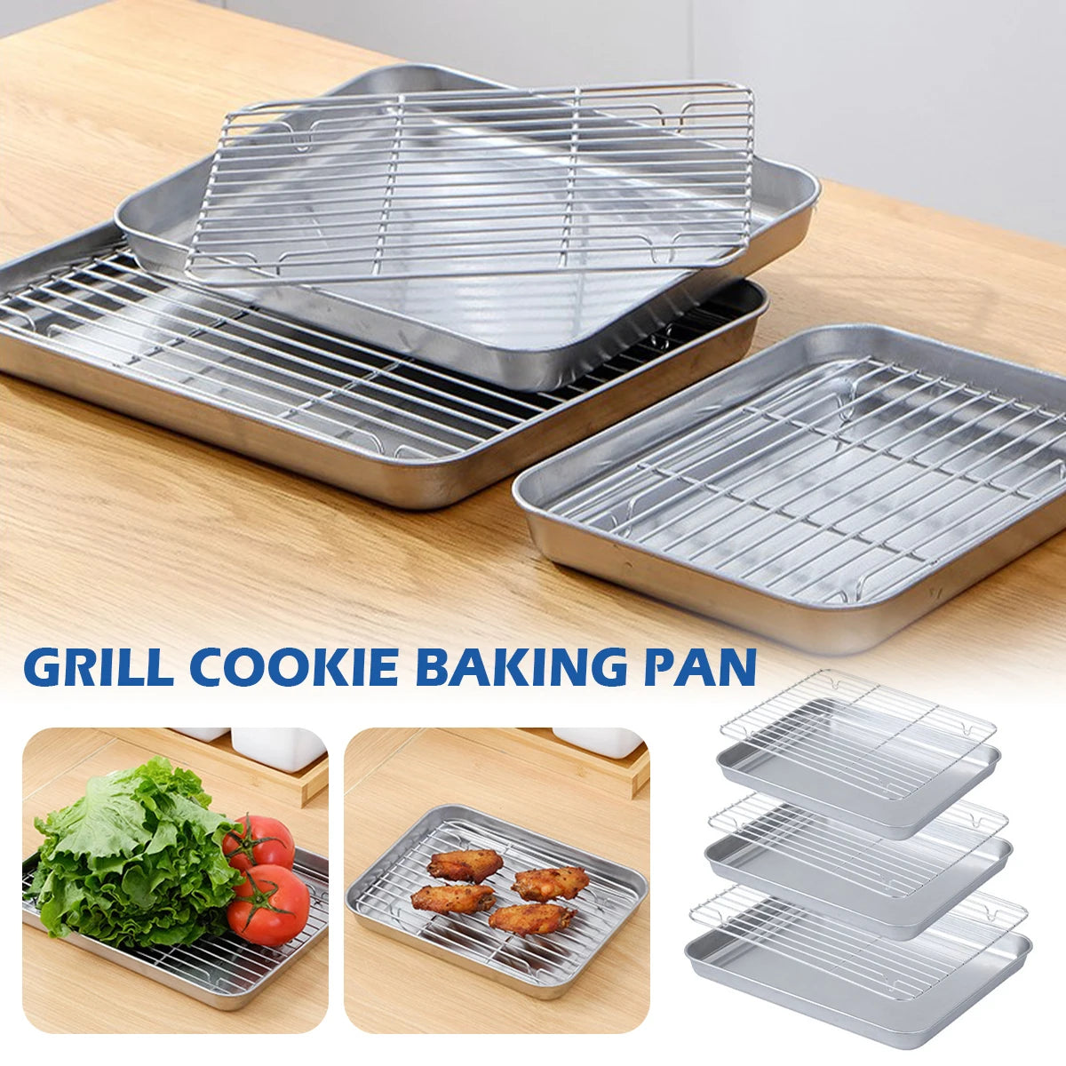 Stainless Steel Baking Pan Tray With Wire Rack Cake Baking BBQ Pan
