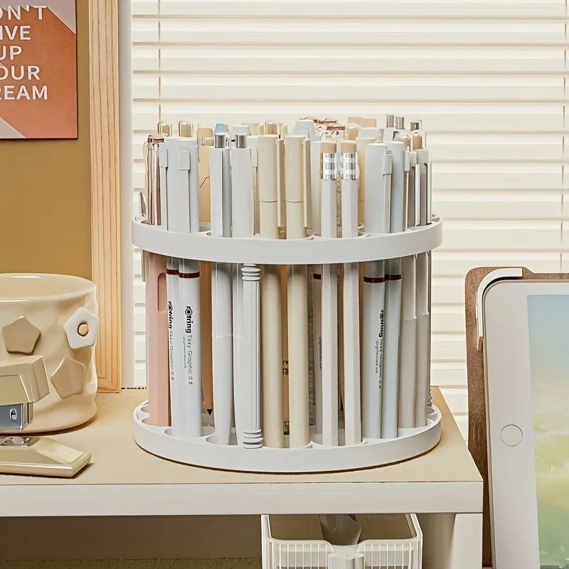 360° Rotating Brush Holder - White Plastic Organizer with Glaze