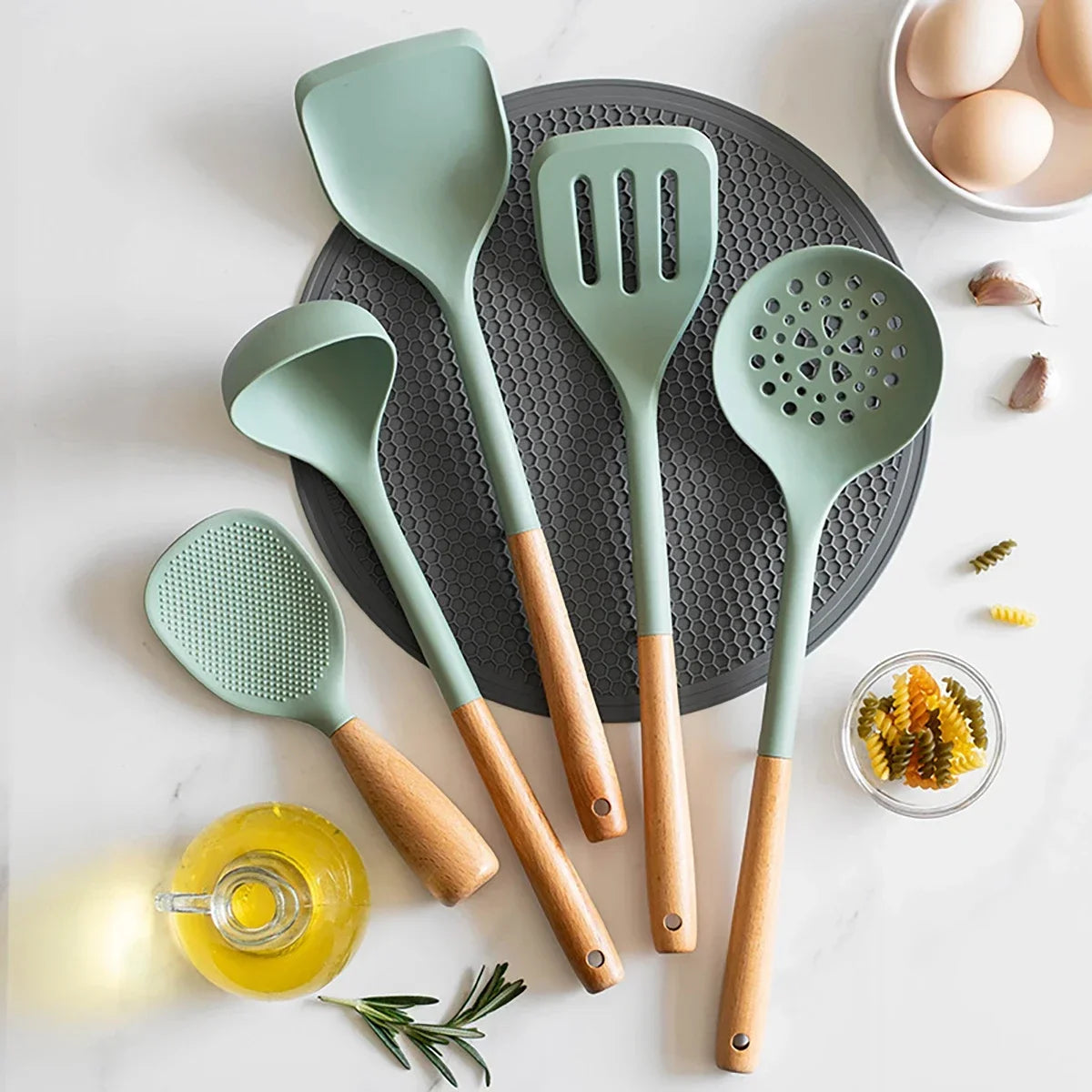 Silicone Kitchen Utensils Set Wooden Handle Non-stick Spatula Cookware