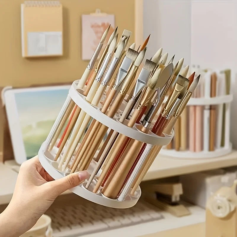 360° Rotating Brush Holder - White Plastic Organizer with Glaze