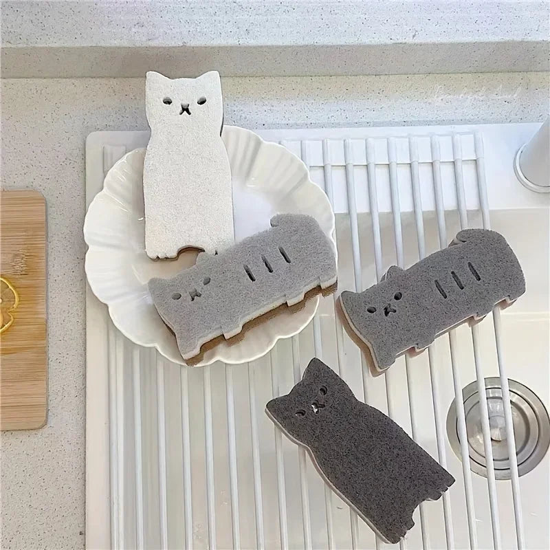 4-piece Cute Cat Kitchen Sponge Set - Thick and Durable Dishwashing