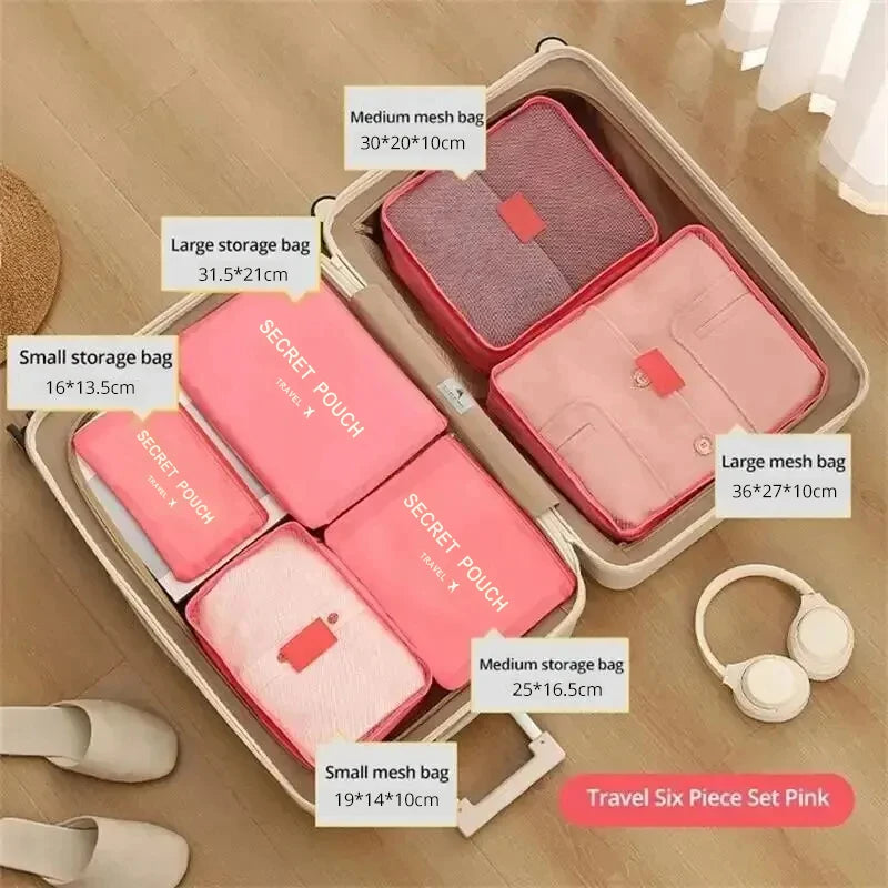 6 Pcs/Set Pink/Blue/Grey Travel Storage Bag Large Capacity Waterproof
