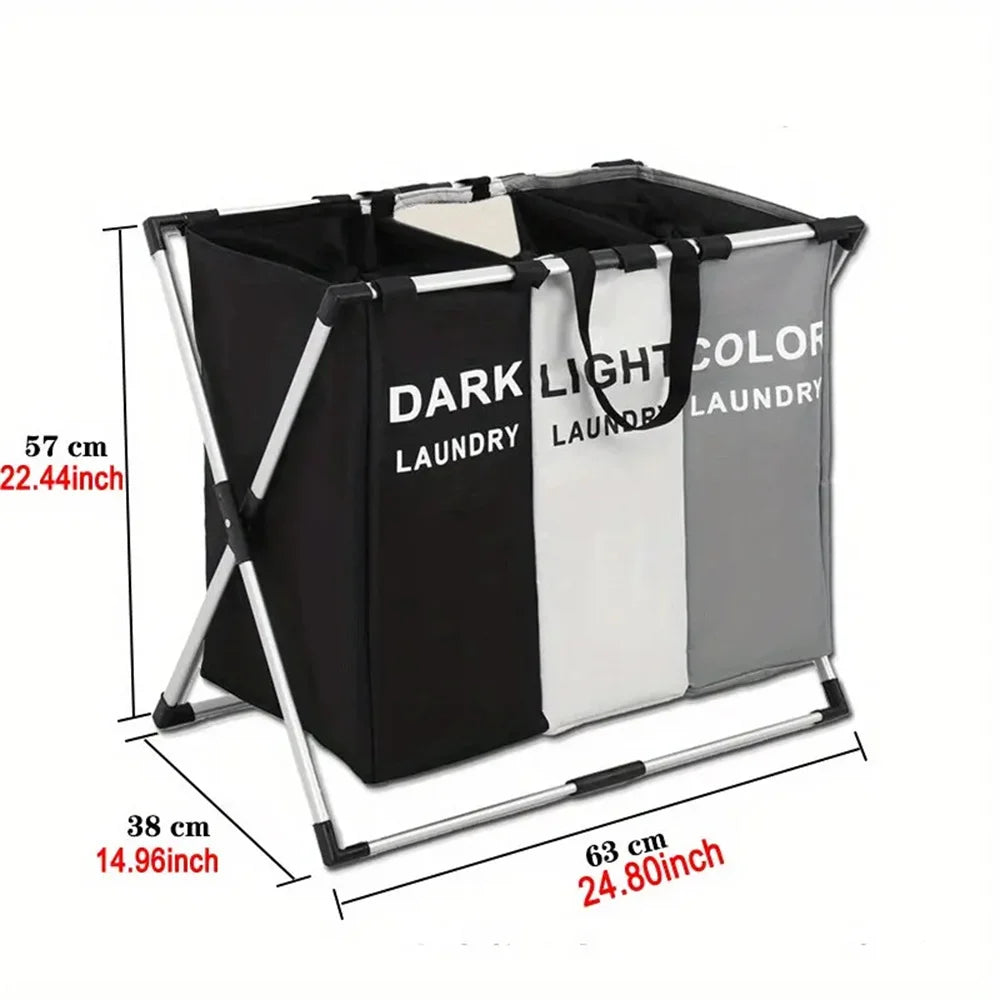 3 Grids Laundry Basket Foldable Dirty Clothes Organizer Bathroom