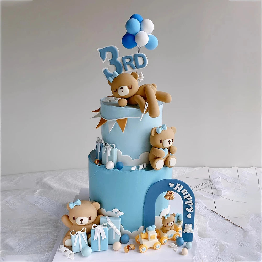 New 3D Bear Cake Topper Baby Shower Bear Decoration Boy Girl Happy 1st