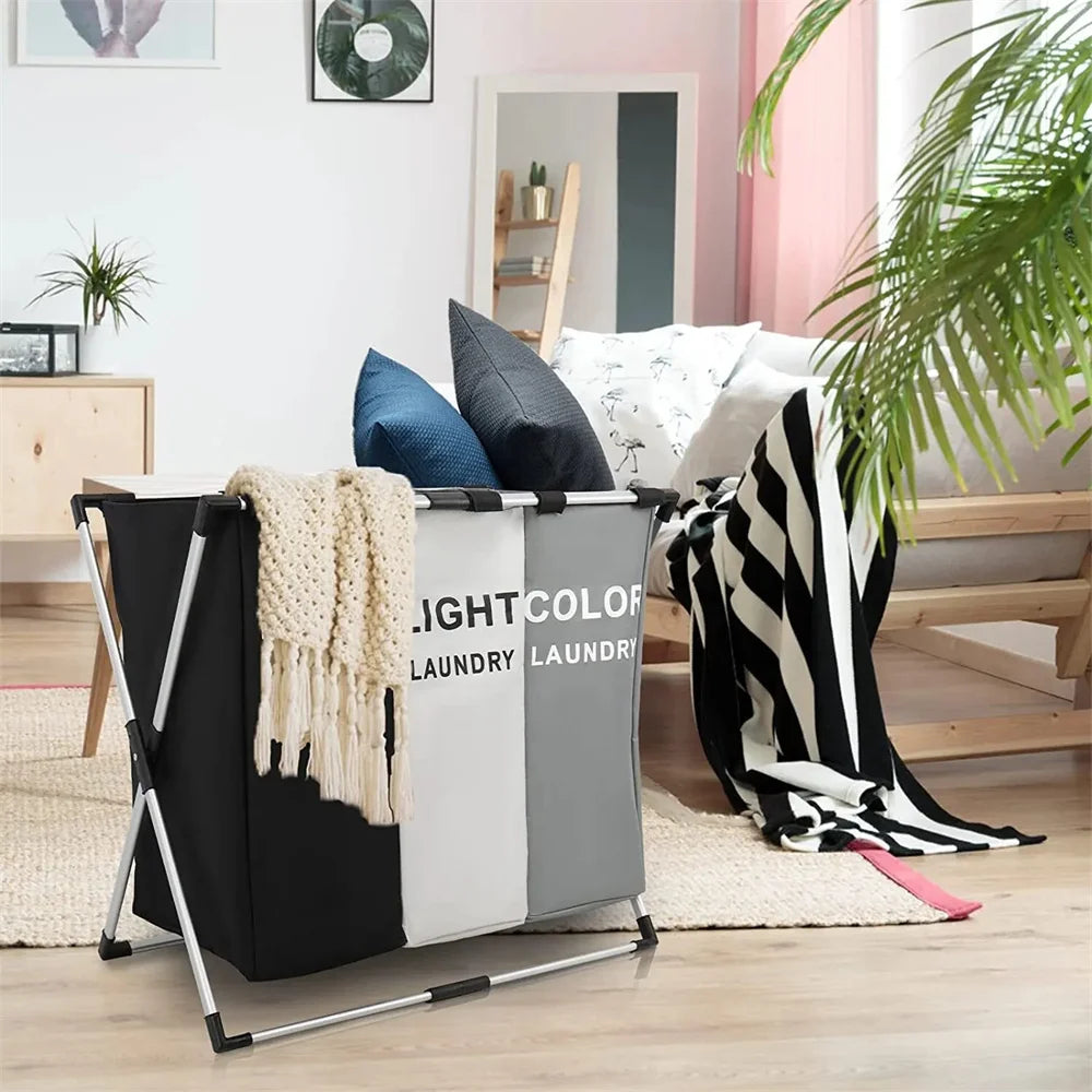 3 Grids Laundry Basket Foldable Dirty Clothes Organizer Bathroom