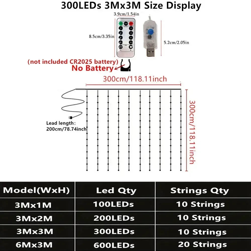 3/6M USB LED Curtain 8Modes Remote Control Lights Holiday Wedding