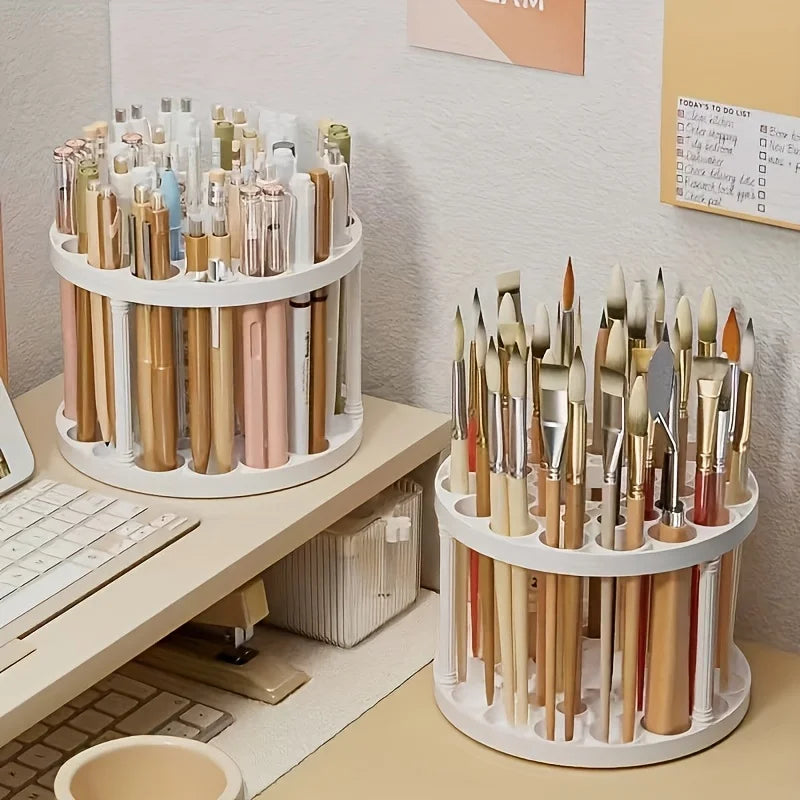 360° Rotating Brush Holder - White Plastic Organizer with Glaze