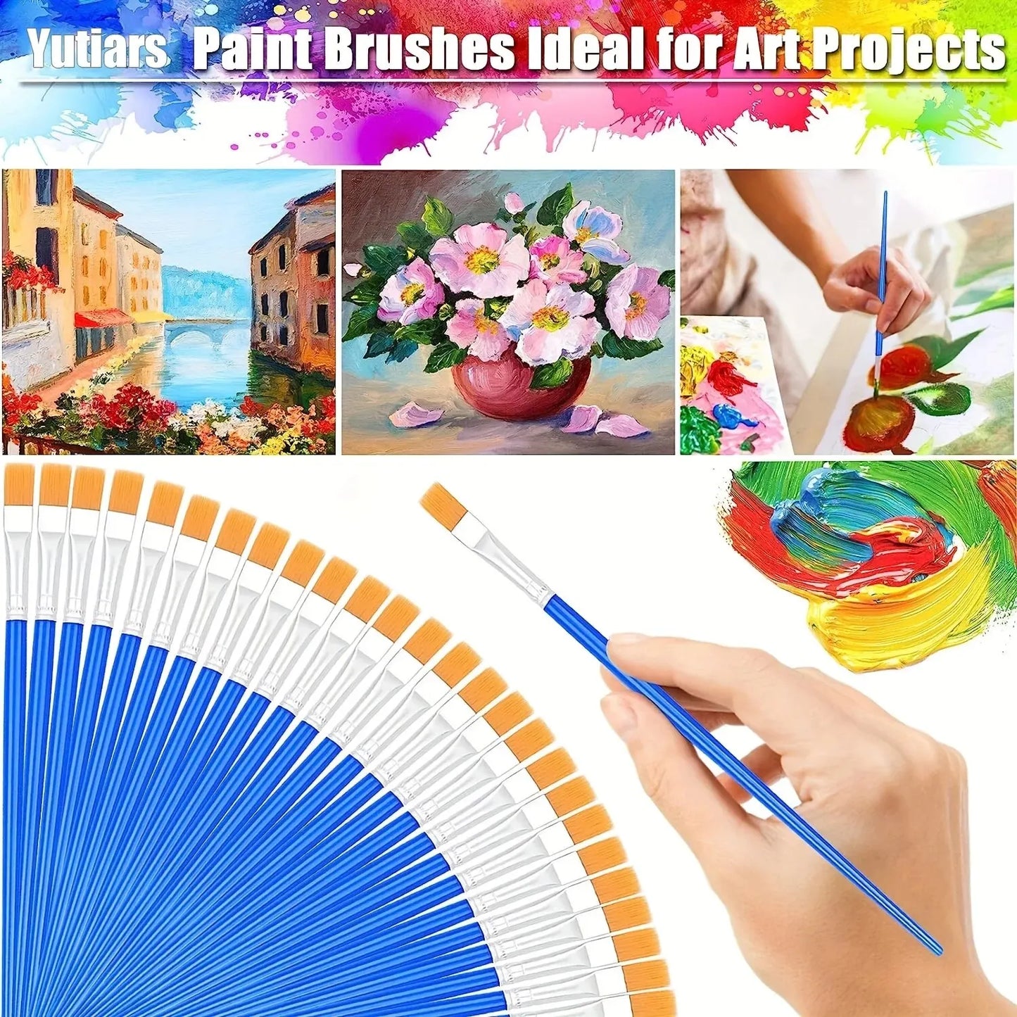 50Pcs Painting Brushes Set Art Round Flat Hair Nylon Hair Paint Brush