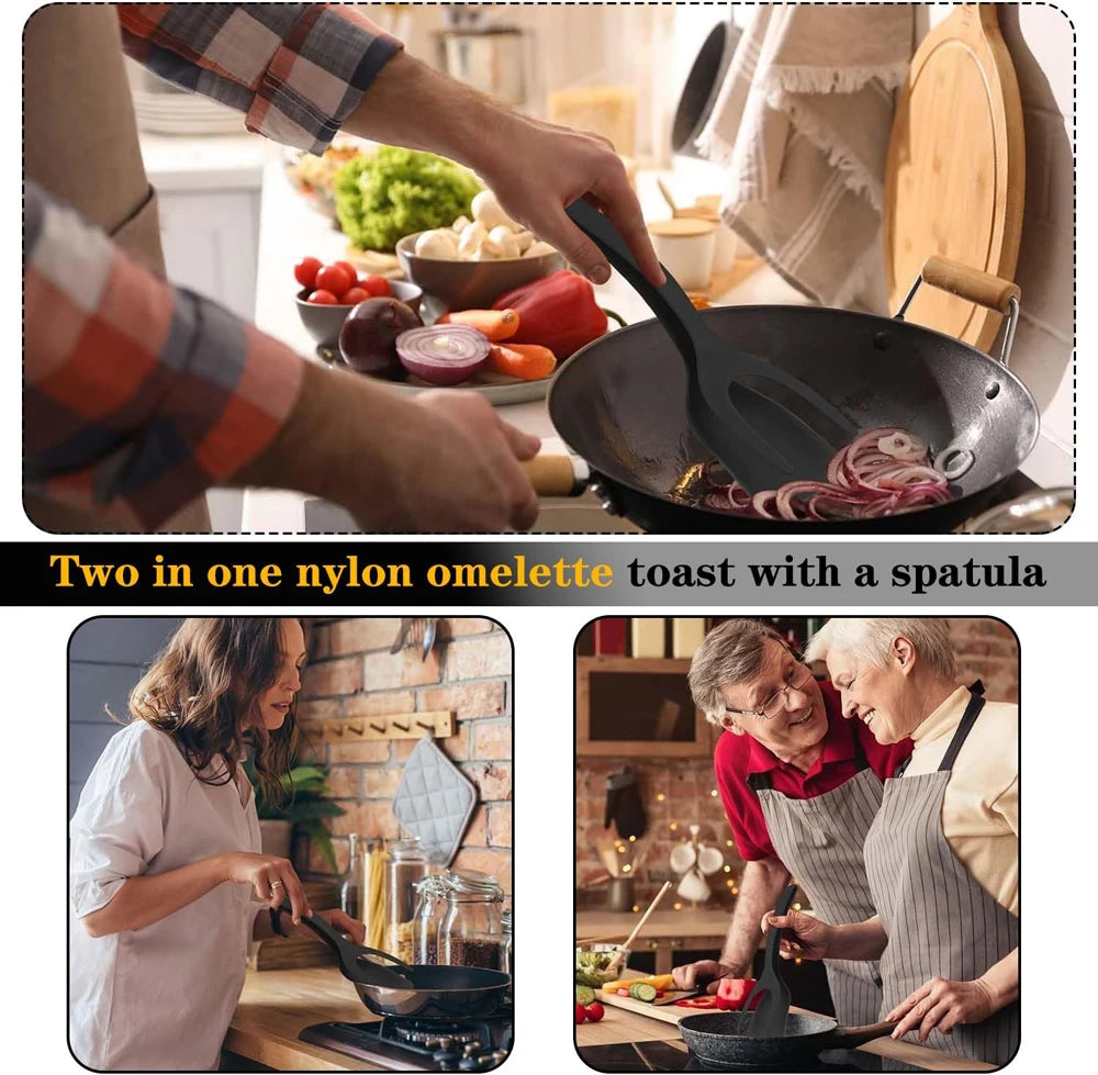 New 2 in 1 Grip Flip Spatula Tongs Egg Flipper Spatula Nylon Non Stick
