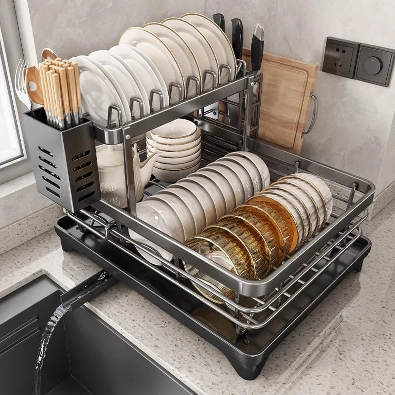 Dish Drying Rack Kitchen Adjustable Steel 2 Tier Plates Organizer Dish