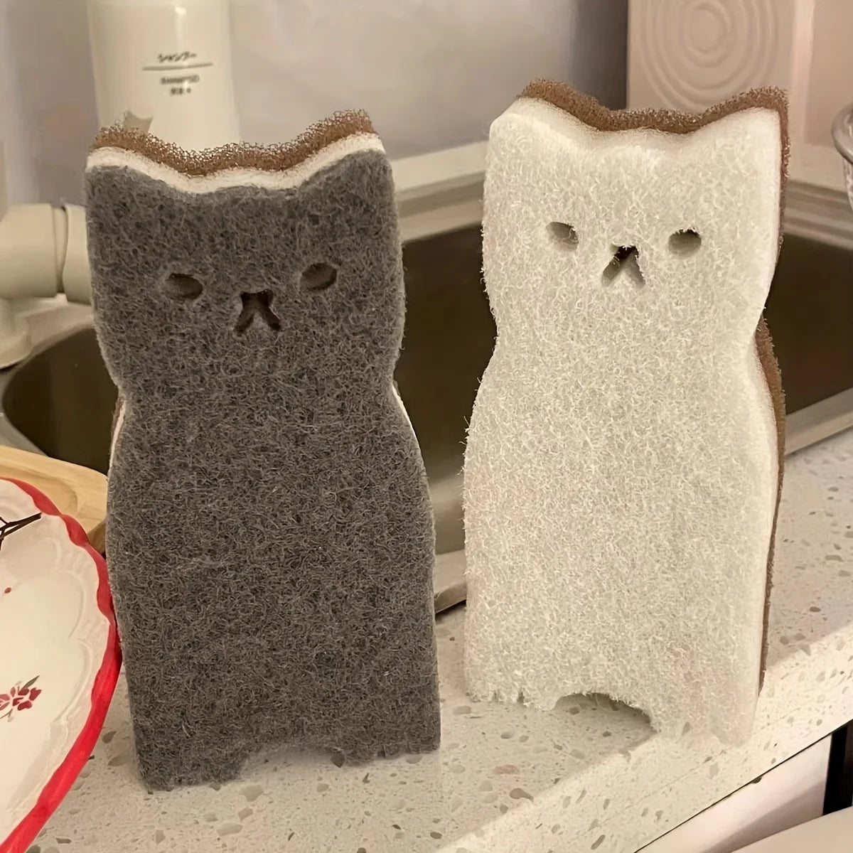 4-piece Cute Cat Kitchen Sponge Set - Thick and Durable Dishwashing