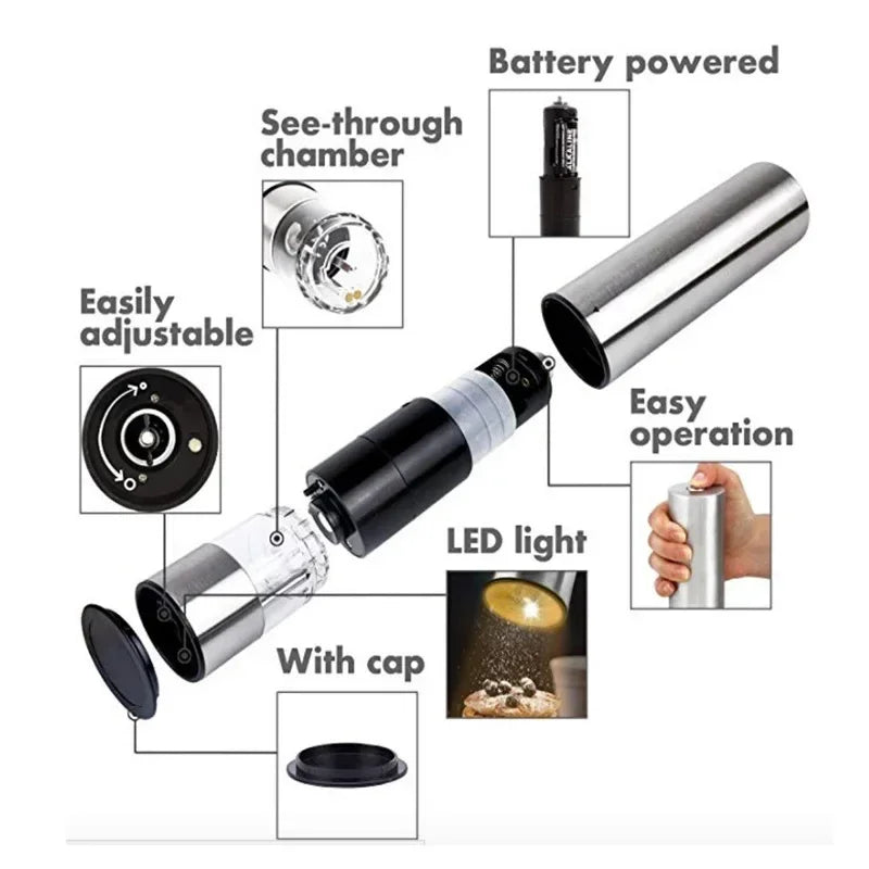 Electric Salt Pepper Grinder Set Stainless Steel One Handed Operation