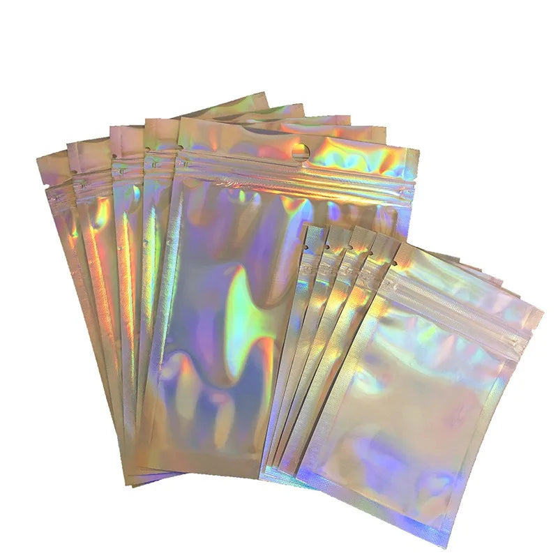 100pcs Holographic Resealable Mylar Bags Ziplock Candy Suger Tee